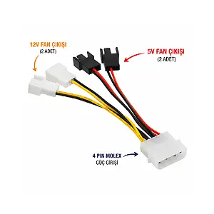 4 Pin Molex 3 Pin Fan Bağlantı Kablosu Dönüştürücü Çoklayıcı 4 Adet Fan Desteği