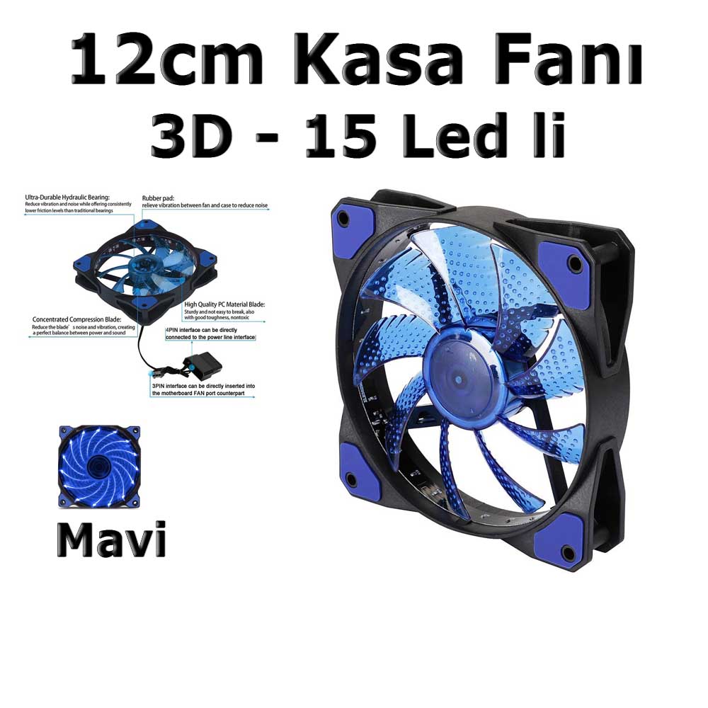 12Cm Kasa Fanı 3D 15 Led Lastik Pad Mavi Renk