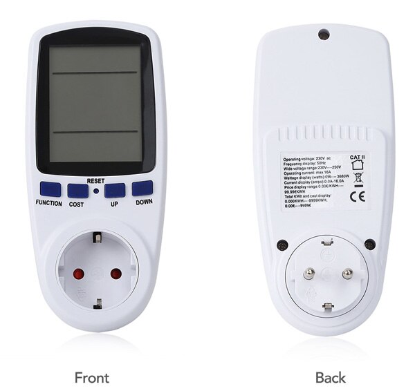 Priz Tipi Wattmetre, Güç Enerji Sarfiyatı Ölçer, Enerjimetre - Beyaz Ekran Işıklı