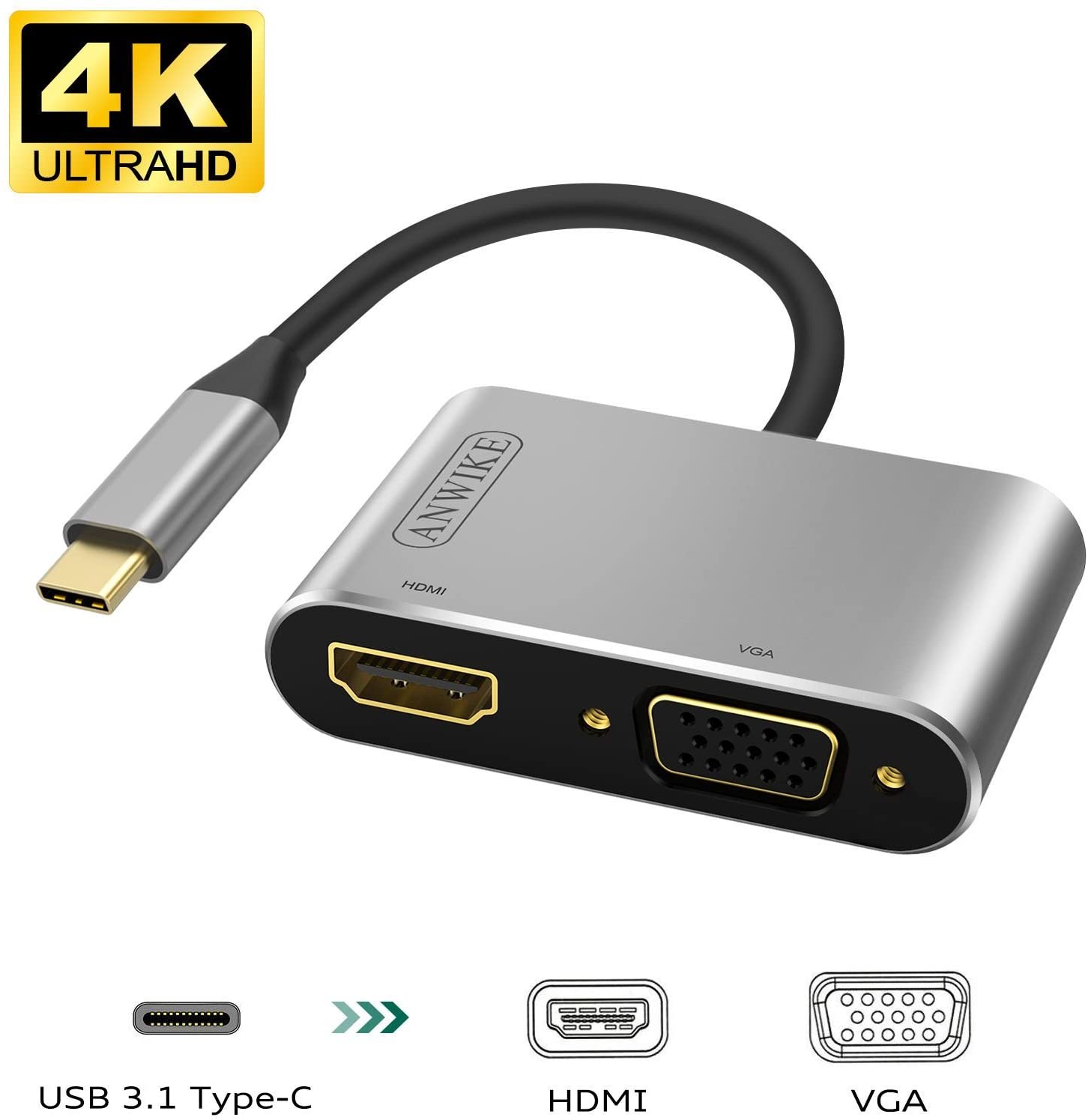 Usb 3.1 Type-C To 4K Hdmi + Vga Çevirici Adaptör Kablo Macbook