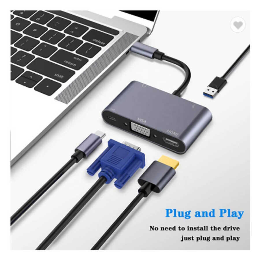 Type-C To 4K Hdmi Vga Çevirici Dönüştürücü Kablo USB 3.0 OTG Audio Ses , Usb C Adaptör 5 in 1