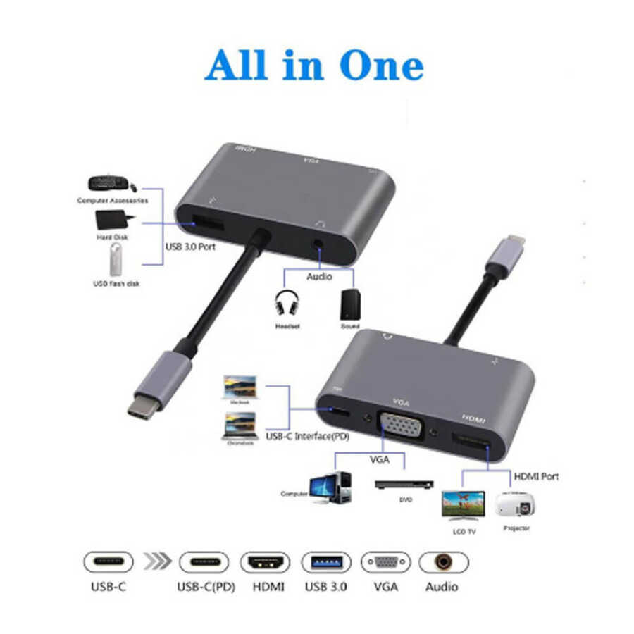 Type-C To 4K Hdmi Vga Çevirici Dönüştürücü Kablo USB 3.0 OTG Audio Ses , Usb C Adaptör 5 in 1