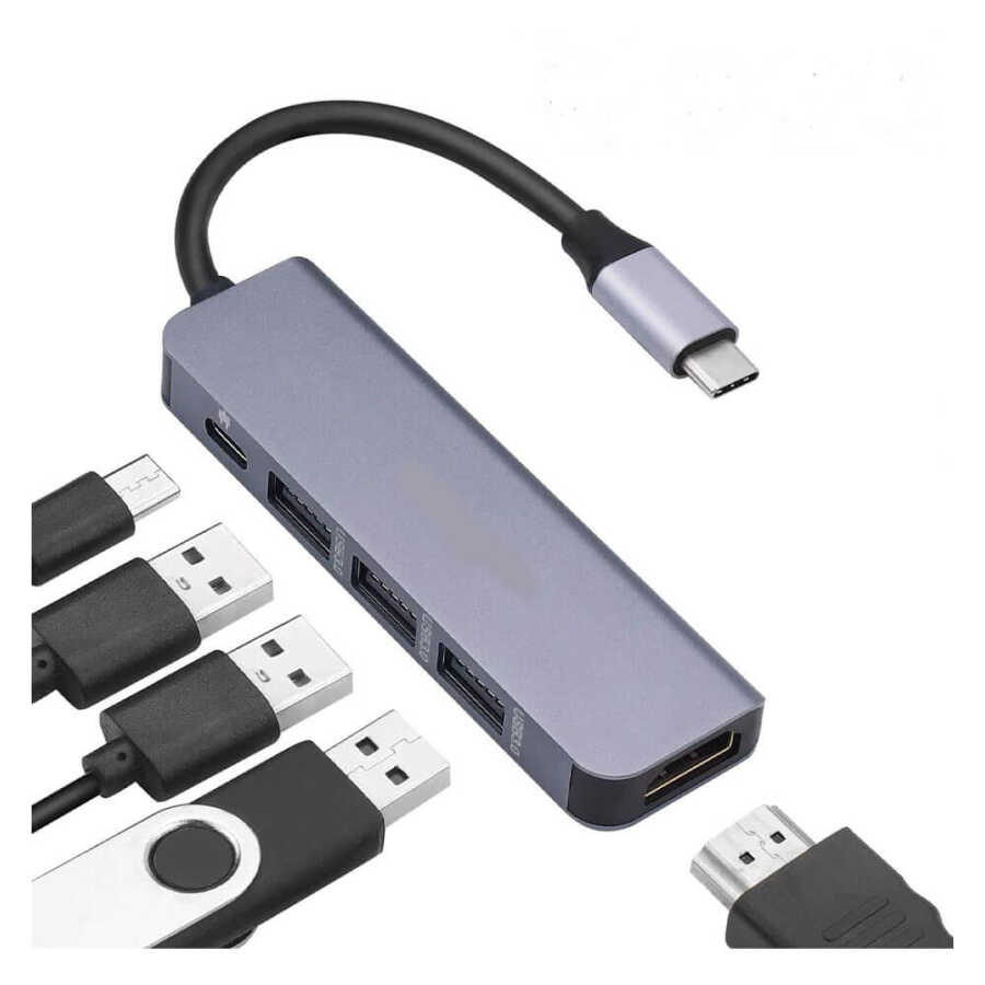 TYPE-C to HDMI 4K@30Hz Çevirici Kablo 1*Usb 3.0 + 2*Usb 2.0 Çoklayıcı Hub + PD 87W Adaptör 5 in 1