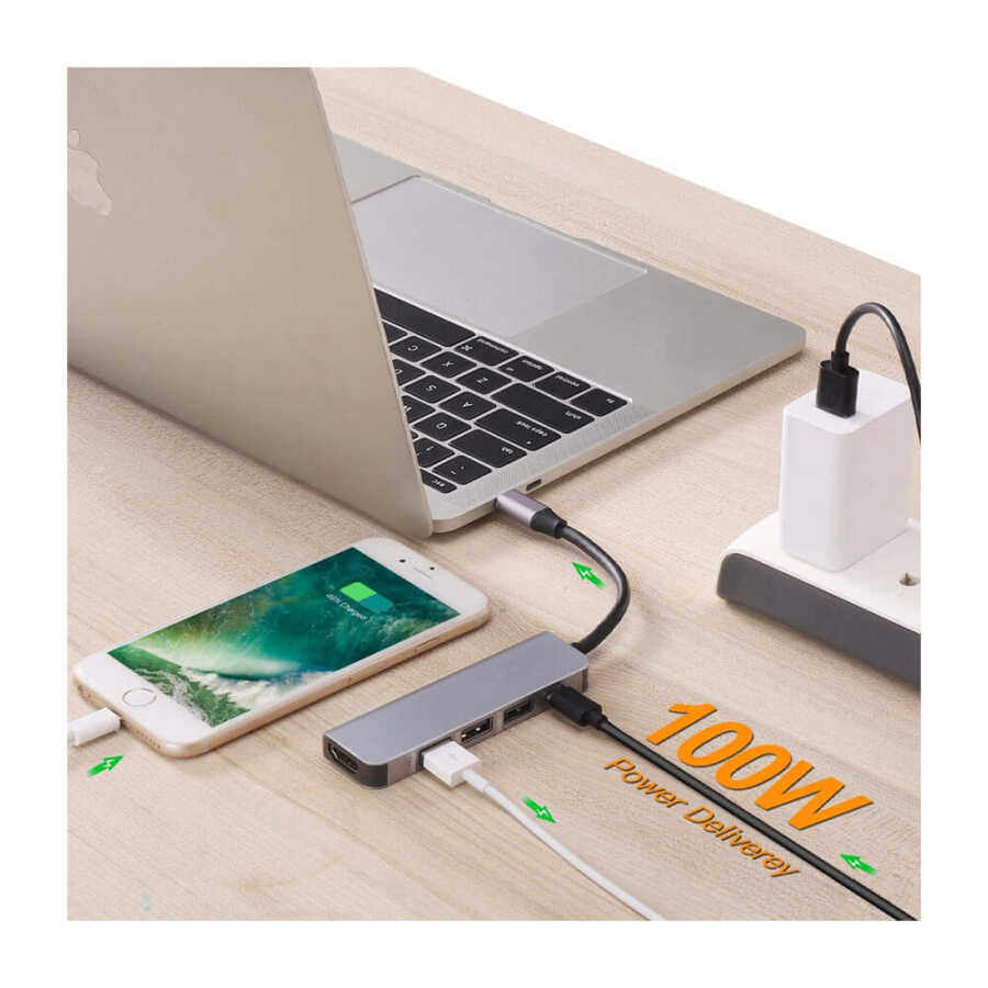 TYPE-C to HDMI 4K@30Hz Çevirici Kablo 1*Usb 3.0 + 2*Usb 2.0 Çoklayıcı Hub + PD 87W Adaptör 5 in 1