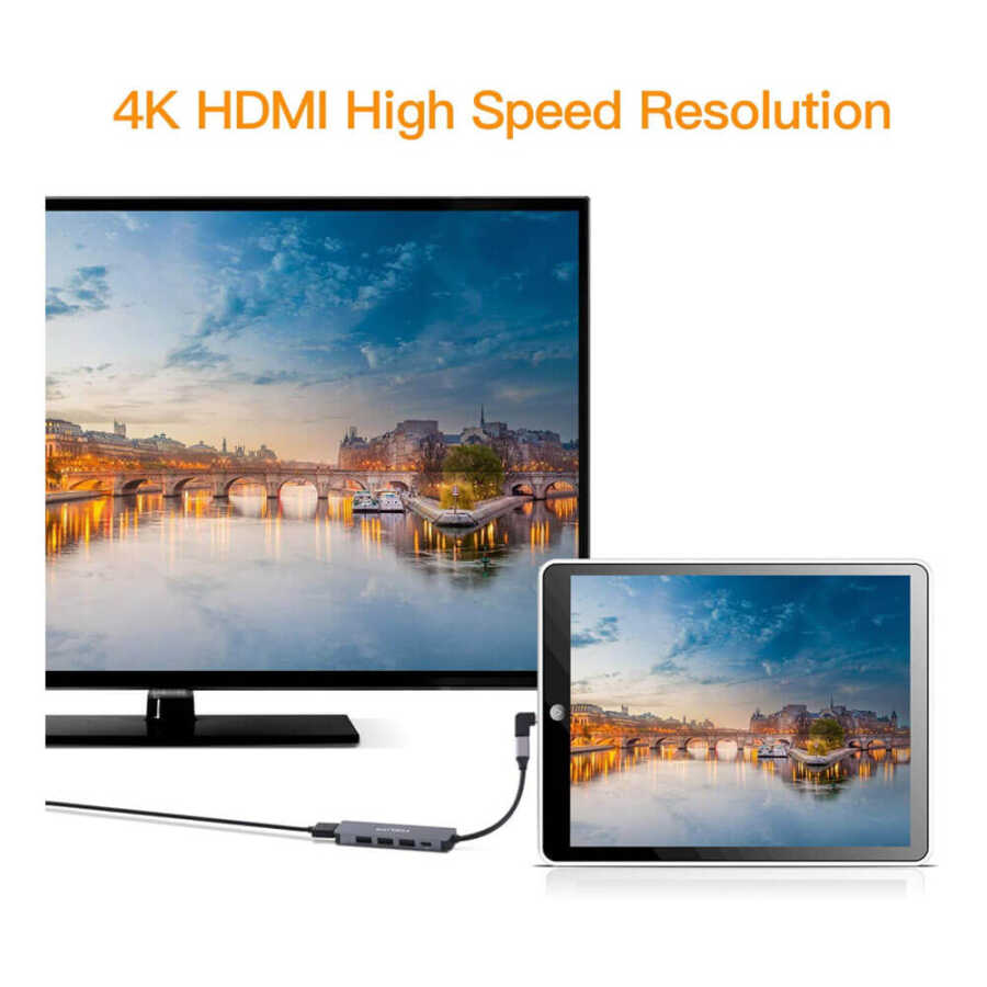 TYPE-C to HDMI 4K@30Hz Çevirici Kablo 1*Usb 3.0 + 2*Usb 2.0 Çoklayıcı Hub + PD 87W Adaptör 5 in 1