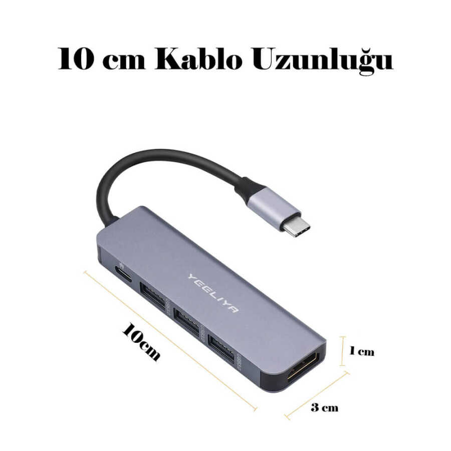 TYPE-C to HDMI 4K@30Hz Çevirici Kablo 1*Usb 3.0 + 2*Usb 2.0 Çoklayıcı Hub + PD 87W Adaptör 5 in 1