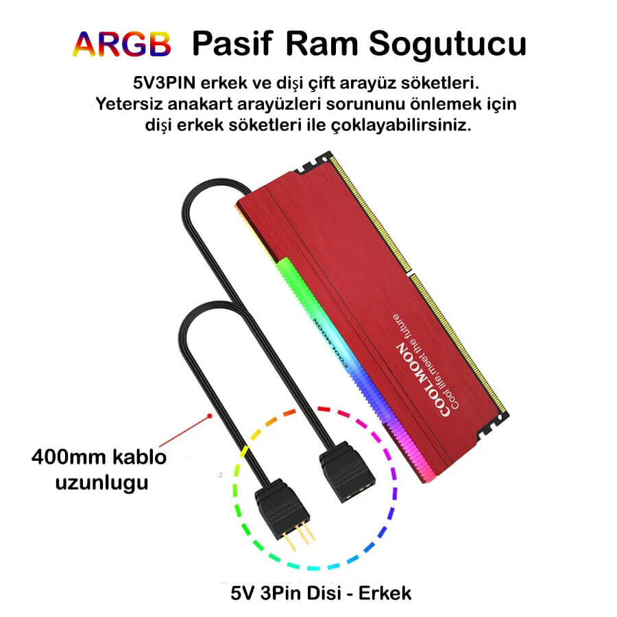 Coolmoon Argb Pasif Ram Soğutucu 5V3Pin Masaüstü Ram Soğutucu Kırmızı