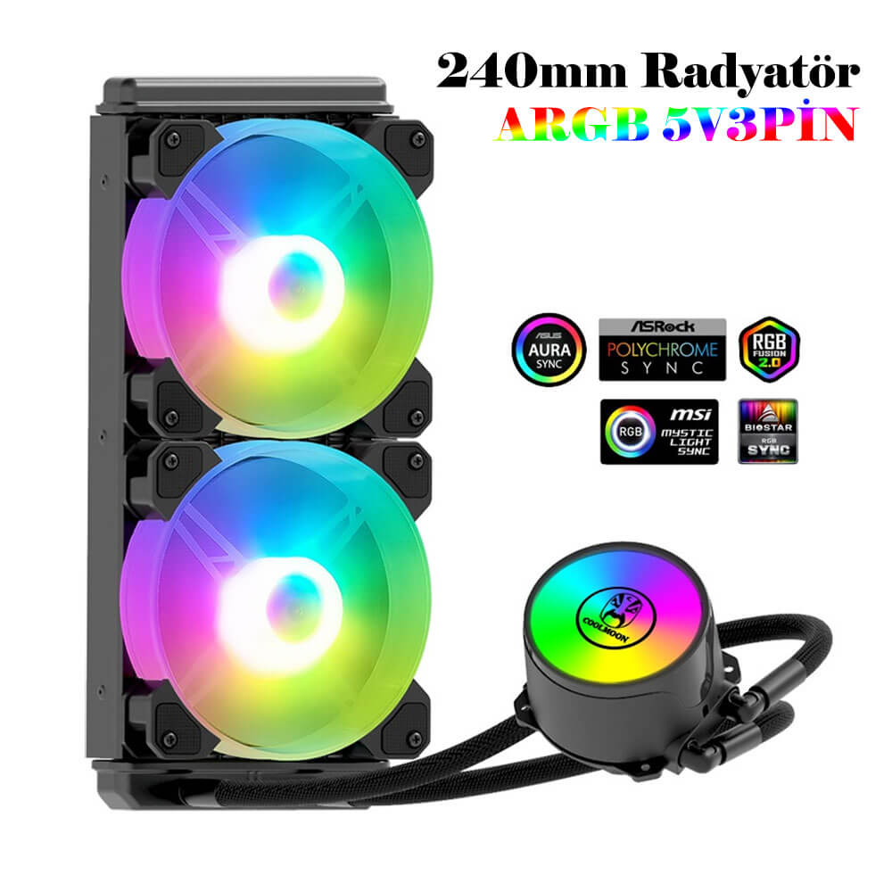Coolmoon ARGB240 2400mm Argb Cpu İşlemci Sıvı Soğutuculu Fan Intel Amd Uyumlu Su Soğutmalı İşlemci Fanı