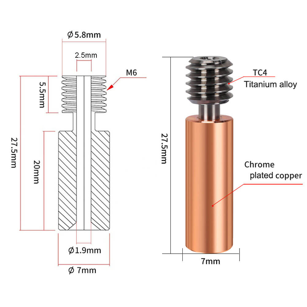 3D Yazıcı Titanyum Alaşımlı Barel Ender3 Hotend 1.75mm Flement Metal Boru MK8 Boğazı M6 Ender3 - GD14