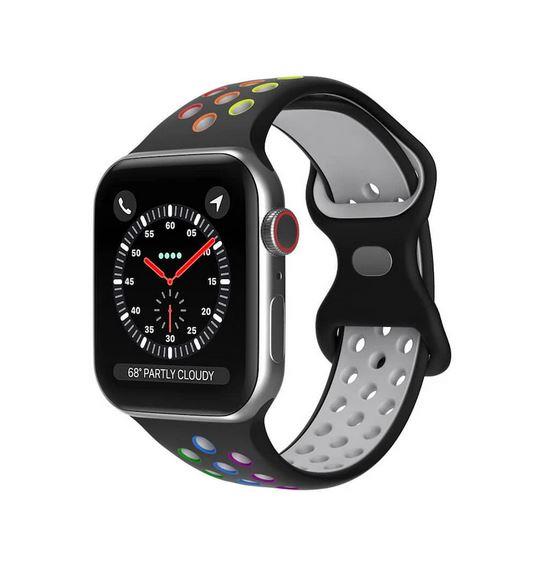 Apple Watch 1, 2, 3, 4, 5, 6, 7, 8, Se Nike Serisi Kordon M-l Beden 38/40/41mm - Siyah Gri Gökkuşağı 13.Siyah-Gri - BW9