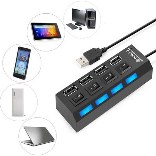 4 Port USB 2.0 Hub Anahtarlı Işıklı - Siyah -ok