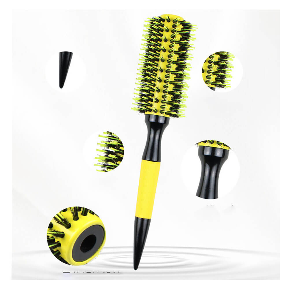 Koodmax Ahşap Saplı Naylon Kıl Saç Şekillendirici Fön Fırçası - Saç Düzleştirici Tarak 6cm - Sarı - Siyah - HG9