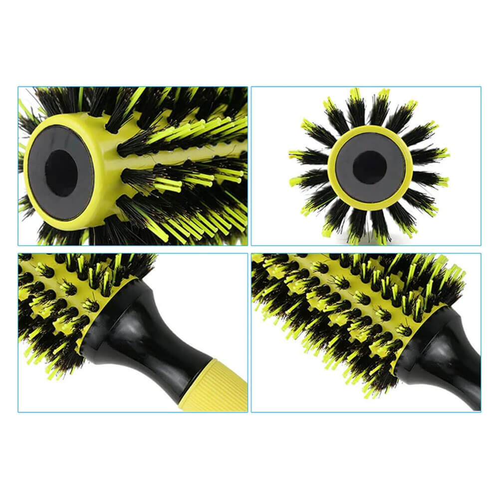 Koodmax Ahşap Saplı Naylon Kıl Saç Şekillendirici Fön Fırçası - Saç Düzleştirici Tarak 7.5cm - Sarı - Siyah - HG9