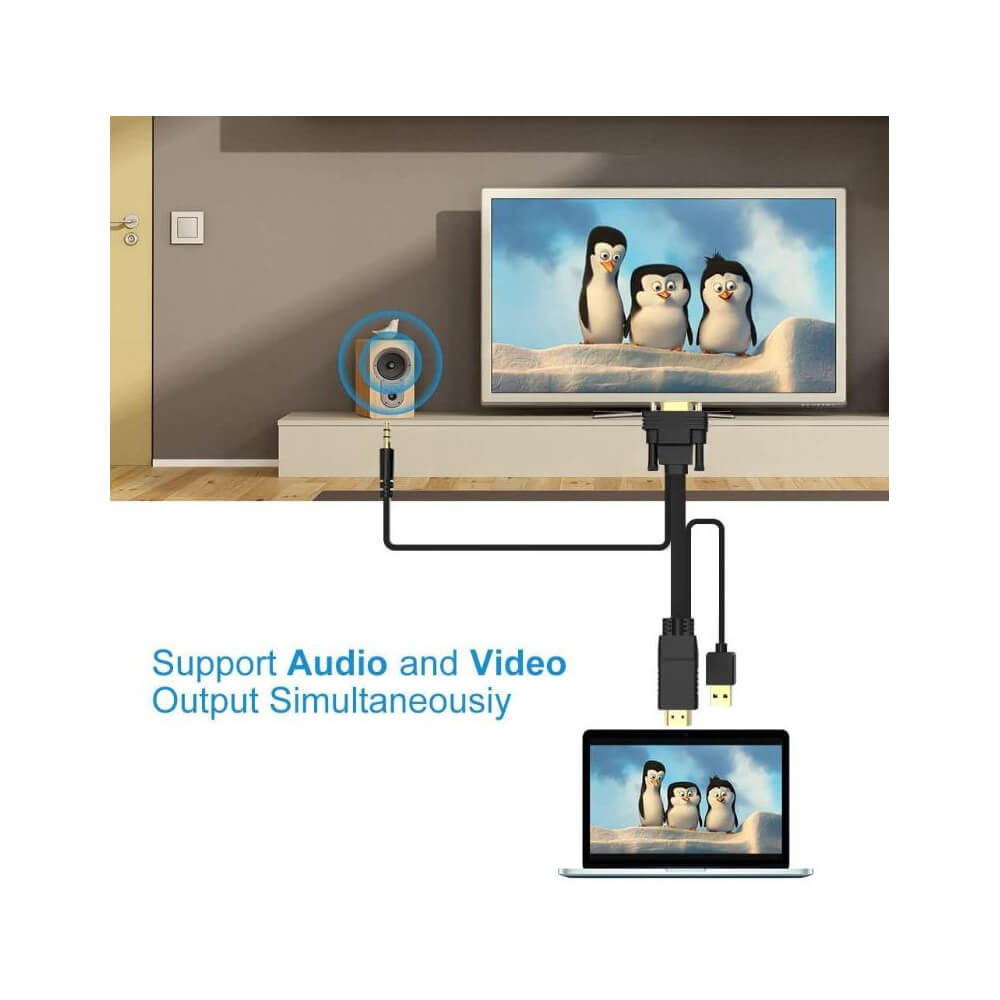Koodmax - Hdmi to Vga Kablo 3.5mm Ses ve Usb Güç Destekli - 1080P - 5 Metre - BA17