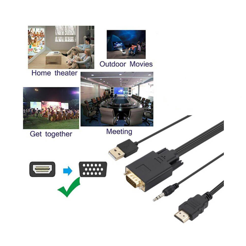 Koodmax - Hdmi to Vga Kablo 3.5mm Ses ve Usb Güç Destekli - 1080P - 5 Metre - BA17
