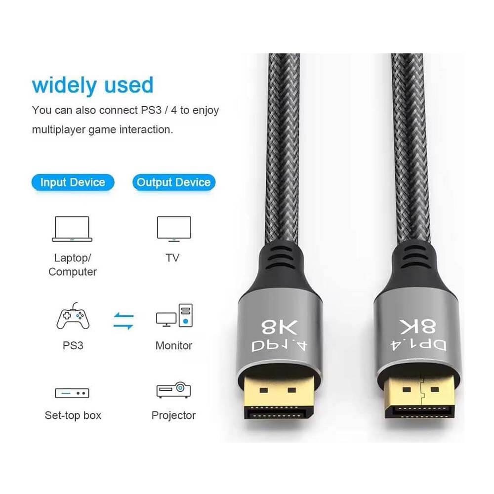 8K Displayport - DisplayPort 1.4 Kablo - Ultra HD  8K@60Hz , 4K@144Hz - Örgülü - 3 Metre