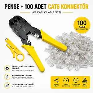 RJ45 Sıkma Pensesi ve 100 Adet CAT6 RJ45 Konnektör Seti
