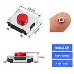 6x6x2.5 mm SMD Tact Switch 4 Pin Anlık Basmalı Buton - Kırmızı