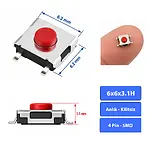 6x6x3.1 mm SMD Tact Switch 4 Pin Anlık Basmalı Buton - Kırmızı