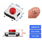 6x6x3.7 mm SMD Tact Switch 4 Pin Anlık Basmalı Buton - Kırmızı