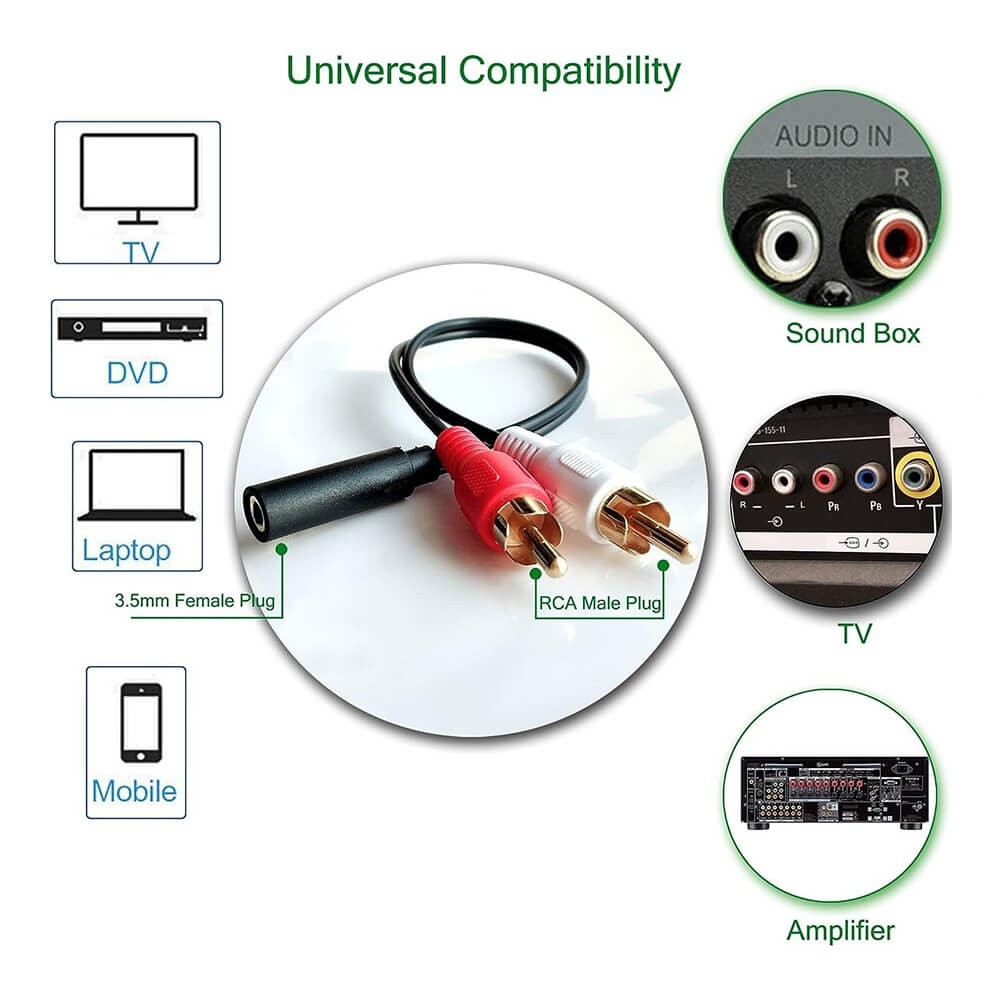 2 RCA Erkek - 3,5mm Stereo Dişi Ses Dönüştürücü