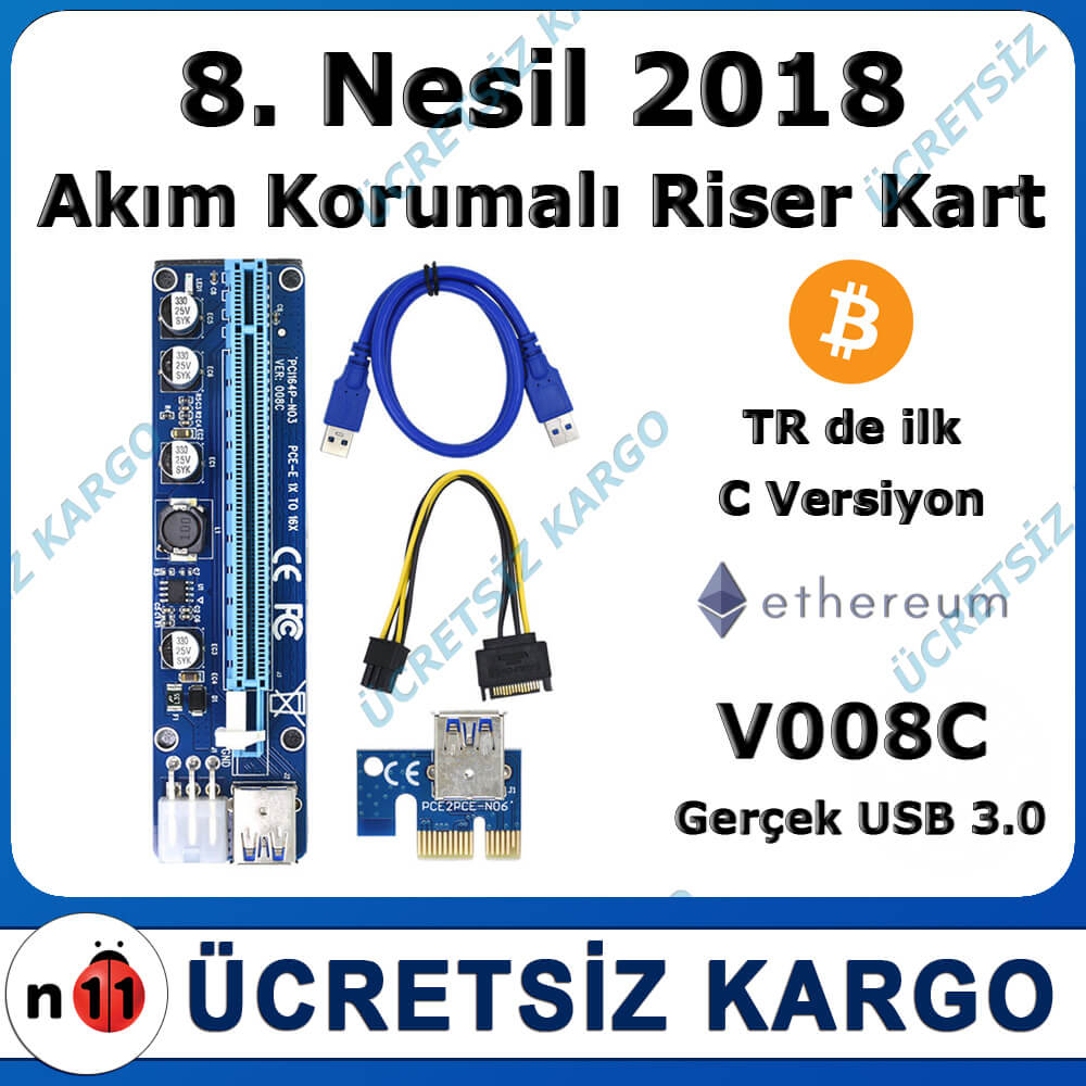 6Adet 8.Nesil V008C Pcı-Ex 1X To 16X Çevirici Usb 3.0 Riser Kablo
