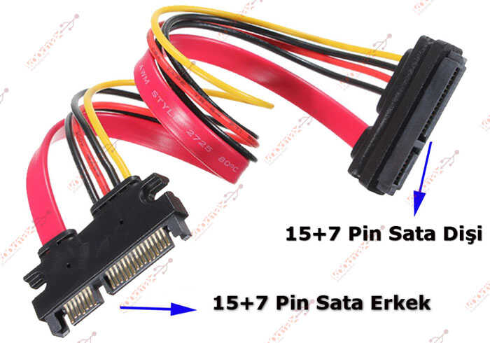 Sata Uzatma Kablosu 15+7 22 Pin Erkek - Dişi - 50cm