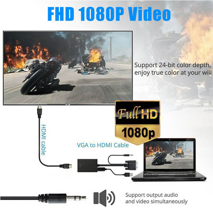 Vga Hdmi Çevirici Dönüştürücü Kablo Ses Destekli Vga To Hdmi